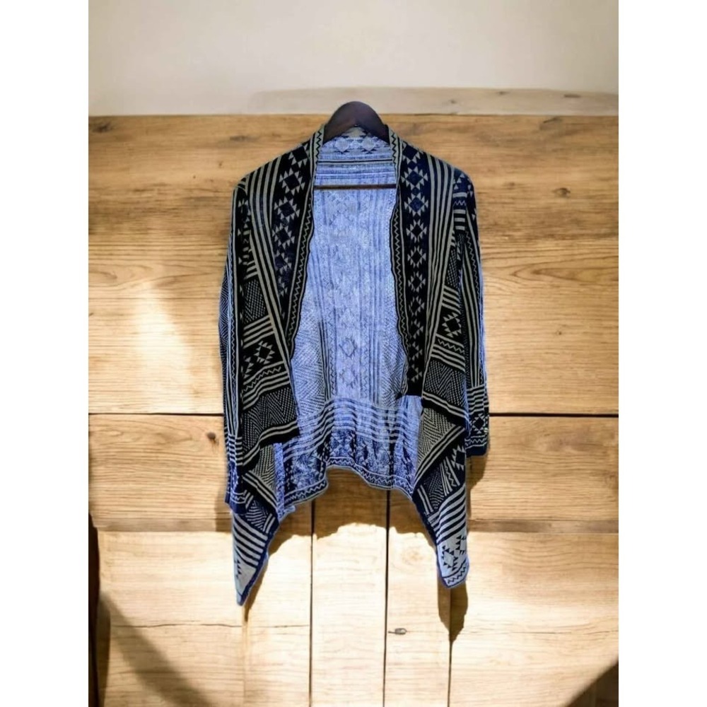 Boho Geometric Open Front Cardigan • Navy Cream Knit Sweater • Made in Brazil